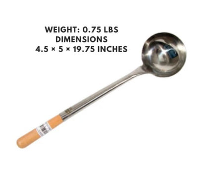 An 8 Oz machine-made ladle (Large #1) with a sturdy handle, designed for efficient serving of soups, stews, and sauces.
