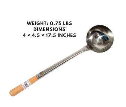 A 7 oz machine-made ladle (Medium #2) with a sturdy handle, perfect for serving soups, sauces, and other liquids with precision.
