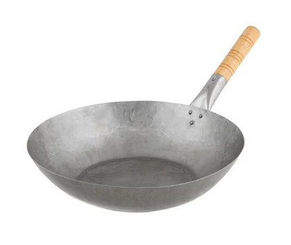 A set of twelve 14-inch Mandarin woks with wooden handles, perfect for stir-frying and cooking traditional Asian dishes.
