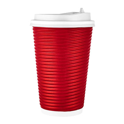 16oz Ripple Hot Cup with Lid, stylish insulated disposable cups available in silver, maroon, tan, and black. Perfect for coffee, tea, or hot drinks at cafes, offices, events, and on the go.