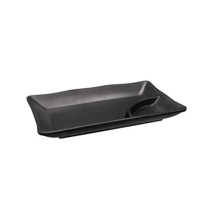 Matte black rectangular platter with triangular 1oz compartment and 10oz main section, 7 3/4 inch long, chip-resistant, stackable, microwave and dishwasher safe, stylish and functional