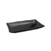 Matte black rectangular platter with triangular 1oz compartment and 10oz main section, 7 3/4 inch long, chip-resistant, stackable, microwave and dishwasher safe, stylish and functional