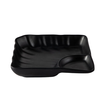 Matte black square plate 7 inch with 4oz main section and 0.5oz triangular compartment, chip-resistant, stackable, microwave and dishwasher safe, ideal for sauces and appetizers