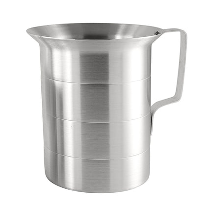 4QT aluminum measuring cup with spout, stamped measurements, open handle, and dent-resistant build. Durable, accurate, and stable. Quantity break: 12 each. Perfect for bulk kitchen prep.