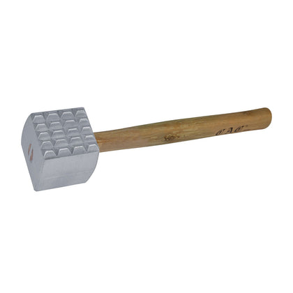 Aluminum meat tenderizer with dual-sided head and wood handle; ergonomic grip, durable design, and balanced for easy use. Quantity break: 12 each. Great for commercial and home kitchens.