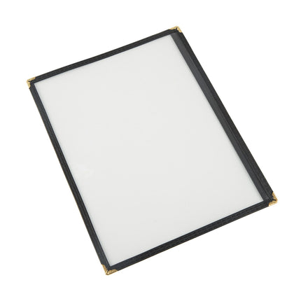 Black 8-1/2x11 inch 1-pocket menu cover made from tear-resistant, easy-to-clean material for durable, professional menu display; packed 200 each per case for commercial food service.