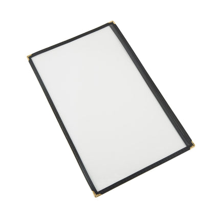 8-1/2x14 inch black 1-pocket menu cover made with tear-resistant and easy-to-clean material for durable and stylish menu presentation; packed 100 each per case for commercial food service.
