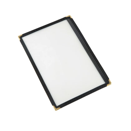 Black 8-1/2x5-1/2 inch 1-pocket menu cover crafted from tear-resistant and easy-to-clean material, providing durable, professional menu presentation; packed 200 each per case for restaurant use.
