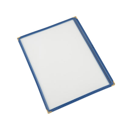 Blue 8-1/2x11 inch 1-pocket menu cover made from tear-resistant and easy-to-clean material for durable, professional menu display; packed 200 each per case for restaurants, cafes, and bars.