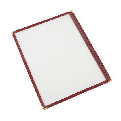 Burgundy 8-1/2x11 inch 1-pocket menu cover made with tear-resistant and easy-to-clean material for durable, professional menu display; packed 200 each per case for food service use.