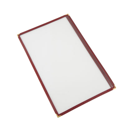 Burgundy 8-1/2x14 inch 1-pocket menu cover made from tear-resistant, easy-clean material for upscale restaurant display; packed 100 each per case for heavy-use food service environments.
