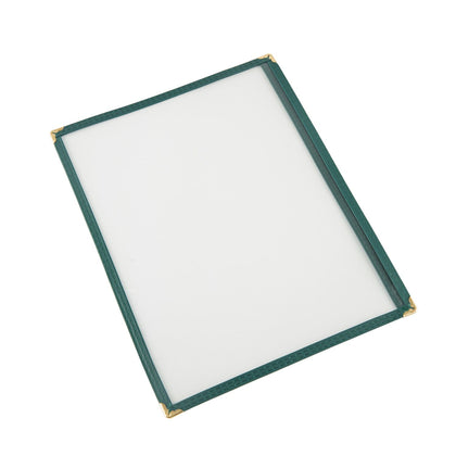 Green 8-1/2x11 inch 1-pocket menu cover made from tear-resistant and easy-to-clean material for durable and professional menu presentation; packed 200 each per case for commercial food service.