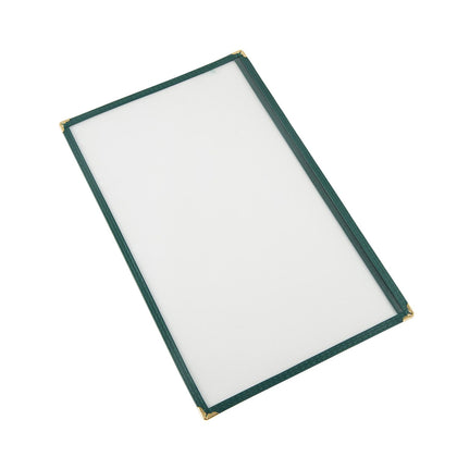 Green 8-1/2x14 inch 1-pocket menu cover made of tear-resistant and easy-to-clean material for stylish restaurant menu presentation; packed 100 each per case for reliable commercial use.