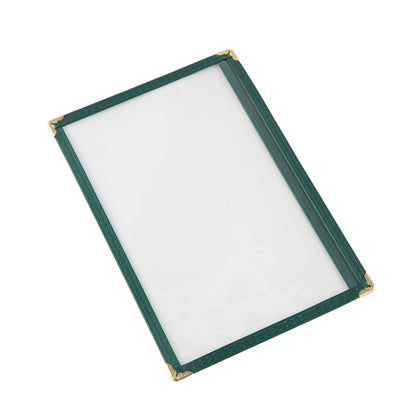 Green 8-1/2x5-1/2 inch 1-pocket menu cover made from tear-resistant and easy-to-clean material for durable, professional menu display; packed 200 each per case for restaurants and cafes.