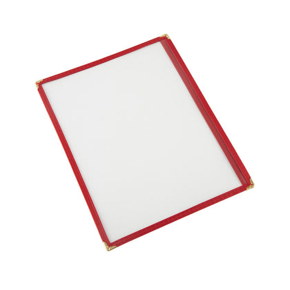 Red 8-1/2x11 inch 1-pocket menu cover made with tear-resistant and easy-to-clean material for professional and durable menu display; packed 200 each per case for food service businesses.