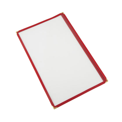 8-1/2x14 inch red 1-pocket menu cover with tear-resistant and easy-to-clean design; perfect for restaurant menus or daily specials; packed 100 each per case for commercial food service.
