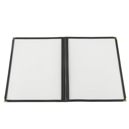 8-1/2x11 inch black 2-pocket menu cover with tear-resistant and easy-to-clean material for stylish and long-lasting use; packed 100 each per case for restaurants, diners, and cafes.