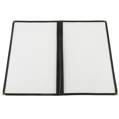 8-1/2x14 inch black menu cover with two pockets for easy menu organization, durable and tear-resistant material; packed 100 each per case for restaurant and cafe use.