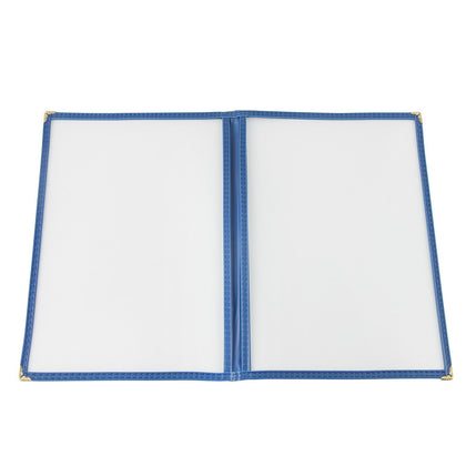 8-1/2x11 inch blue 2-pocket menu cover with tear-resistant construction and easy-to-clean surface; perfect for restaurants and cafes; packed 100 each per case for food service professionals.