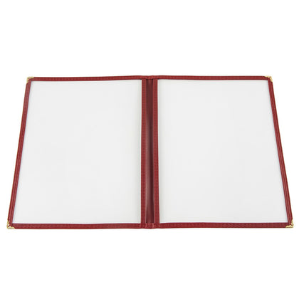 8-1/2x11 inch burgundy 2-pocket menu cover made with durable, tear-resistant material; elegant and functional design; packed 100 each per case for restaurants, cafes, and bars.