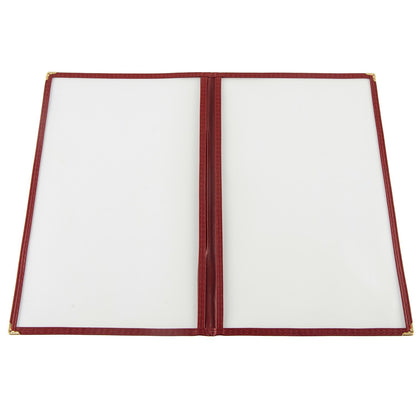 Burgundy menu cover with 2 pockets, 8-1/2x14 inches, ideal for restaurants and bars, durable and easy to clean, provides professional menu presentation, packed 100 each per case.