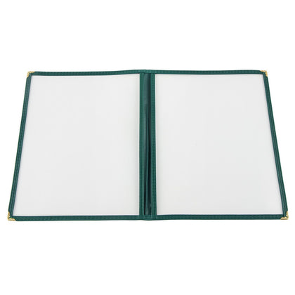 8-1/2x11 inch green 2-pocket menu cover with tear-resistant material and professional finish; packed 100 each per case for use in restaurants, cafes, and food service venues.
