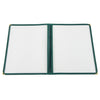 8-1/2x11 inch green 2-pocket menu cover with tear-resistant material and professional finish; packed 100 each per case for use in restaurants, cafes, and food service venues.