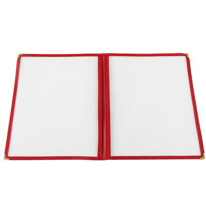 8-1/2x11 inch red menu cover with 2 pockets, tear-resistant and easy to clean; vibrant color for stylish menu presentation; packed 100 each per case for restaurants and cafes.