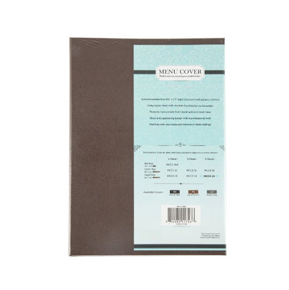 Brown faux leather 4-panel menu cover, 8-1/2x14 inch, durable tear-resistant material, easy to clean, perfect for restaurant menu presentation with multiple pages, packed 30 each per case.