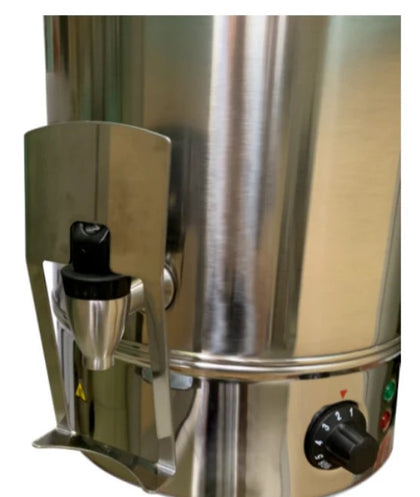 A metal hands-free water boiler attachment, designed for easy, touchless water dispensing.



