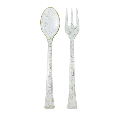 Mini Glitter Gold Utensils Combo – Durable, stylish gold spoons and forks with glitter design, perfect for appetizers and desserts at weddings, parties, and upscale events.