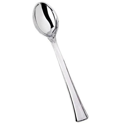 Mini Polished Silver Utensil Box – Includes 48 durable and elegant spoons or forks. Perfect for appetizers, desserts, weddings, and parties. Reusable or disposable for easy cleanup.