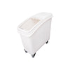 Mobile 21-gallon ingredient bin with sliding clear lid, non-marking swivel casters with brakes, and durable food-safe plastic body; NSF listed for commercial kitchen dry storage use.