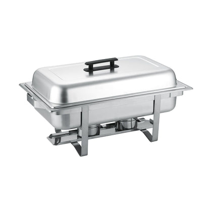 Modish full size 8QT fixed chafer set with mirror finish, stable fixed-leg frame, and complete warming components; durable, heat-retaining, ideal for catering, buffet, and professional use.