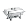 Modish full size 8QT fixed chafer set with mirror finish, stable fixed-leg frame, and complete warming components; durable, heat-retaining, ideal for catering, buffet, and professional use.