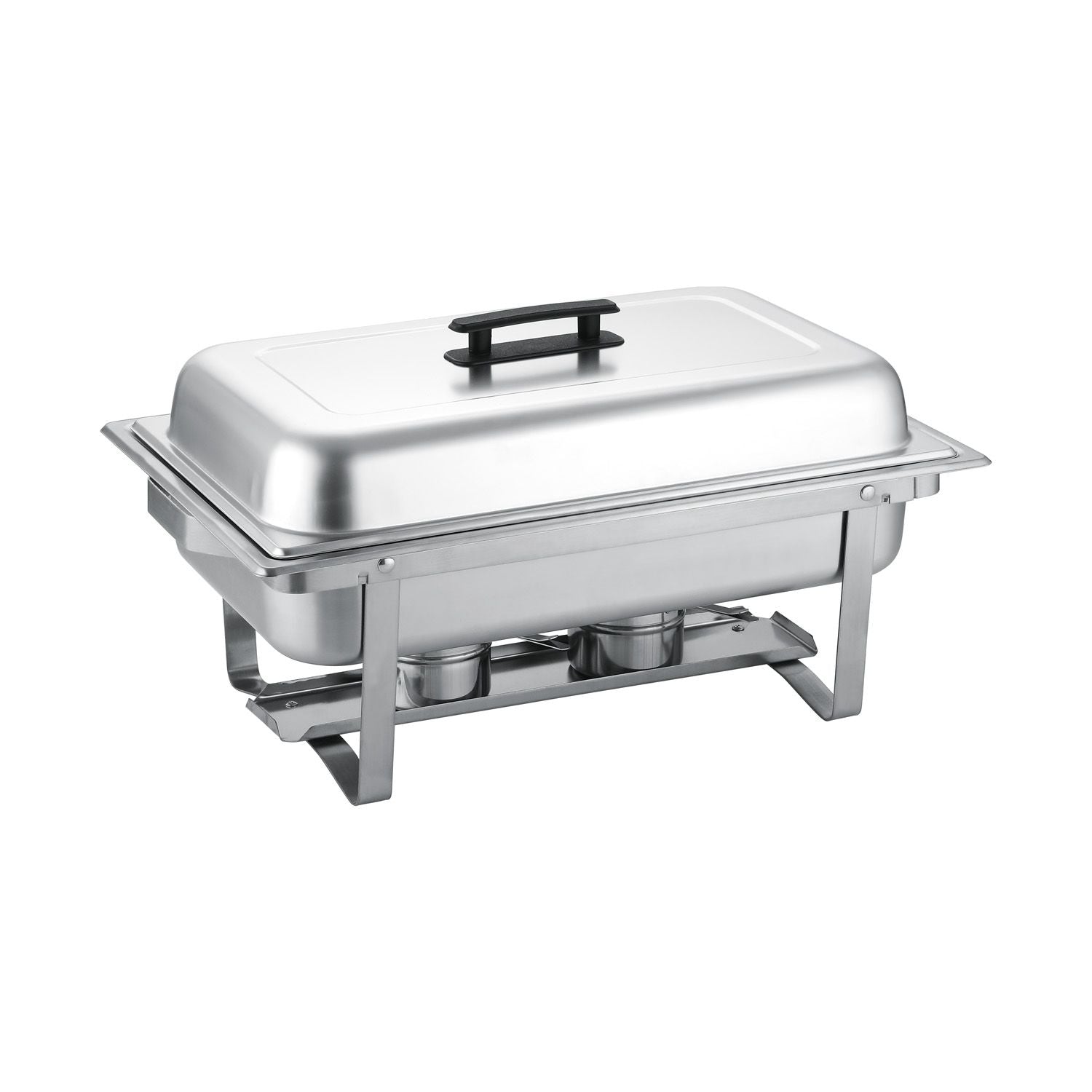 Modish full size 8QT folding chafer set with mirror finish, folding frame, and lid handle; durable, heat-retaining, and ideal for buffets, catering, weddings, and commercial food service.