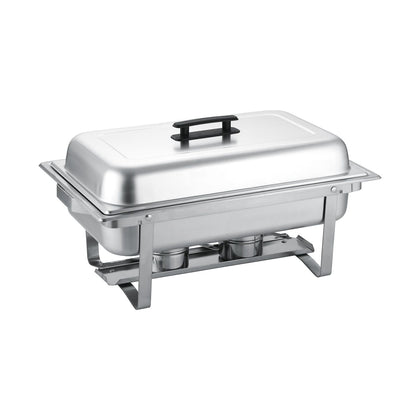 Modish full size 8QT folding chafer set with mirror finish, folding frame, and lid handle; durable, heat-retaining, and ideal for buffets, catering, weddings, and commercial food service.