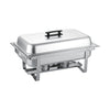Modish full size 8QT folding chafer set with mirror finish, folding frame, and lid handle; durable, heat-retaining, and ideal for buffets, catering, weddings, and commercial food service.