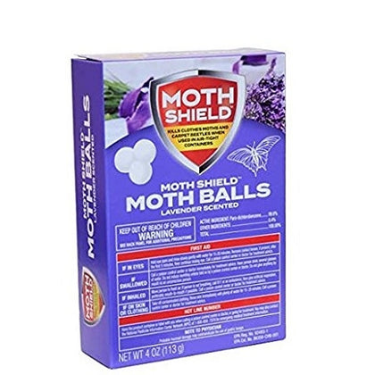 Moth Shield Lavender Scented Moth Balls 4oz box front with moth repellent

