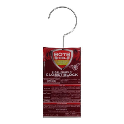 The Moth Shield Closet Block Rose Scented delivers powerful protection against moths while keeping your storage areas smelling fresh with a floral rose fragrance. Designed with a convenient hanging hook, it’s ideal for closets, garment bags, storage bins, and wardrobes. Each 5oz block offers long-lasting freshness and effective odor and pest control in enclosed spaces.