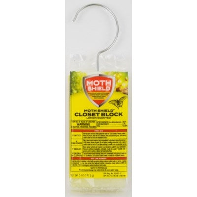 The Moth Shield Closet Block in Lemon scent effectively repels clothes moths and carpet beetles while delivering a fresh citrus fragrance. Its 5oz solid design comes with a built-in hanger, making it perfect for closets, storage boxes, and wardrobe spaces to keep fabrics protected and smelling clean.