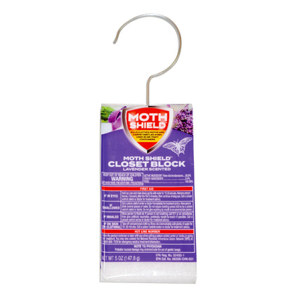 The Moth Shield Closet Block in Lavender scent provides powerful moth protection while releasing a calming lavender fragrance. Designed for easy hanging in closets or storage spaces, this 5oz block helps prevent damage from clothes moths and carpet beetles while keeping garments smelling fresh and clean.