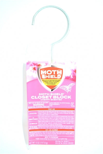 Moth Shield Closet Block in Cherry scent delivers effective protection against clothes moths and carpet beetles while leaving behind a pleasant cherry fragrance. With a built-in hook for hanging, it's perfect for closets, storage containers, and wardrobes to keep your garments fresh and insect-free.