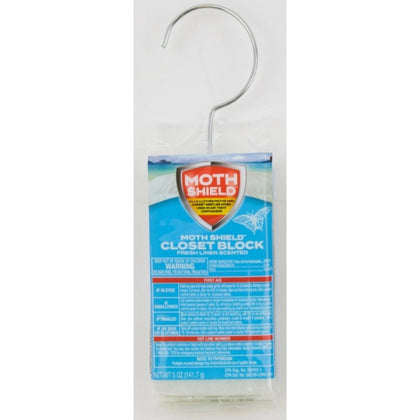 The Moth Shield Closet Block in Fresh Linen scent provides long-lasting protection against clothes moths, carpet beetles, and their larvae. Designed for convenient hanging in closets, it helps keep your clothing and storage areas smelling fresh while effectively repelling damaging insects. Ideal for seasonal storage or everyday use.