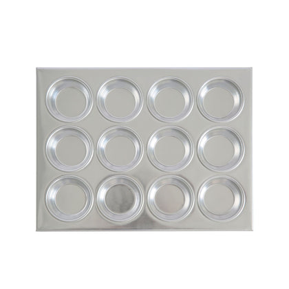 12-cup aluminum muffin pan with 3.5oz capacity, uniform cup sizing, reinforced rim, durable, rust-resistant, and even heat distribution—ideal for commercial or home baking.