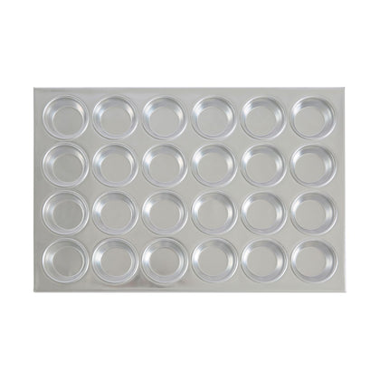 24-cup aluminum muffin pan, 3.5oz capacity per cup, with even heat distribution, reinforced frame, durable and lightweight design—ideal for commercial baking and catering use.