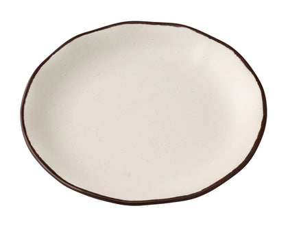 Yanco Round Plate NA-112 Crafted from durable melamine, offering a reliable solution for both commercial and residential use. The melamine construction provides excellent break resistance, making it ideal for busy restaurants, hotels, and cafes where durability is essential. Finished in a sophisticated ivory color with a subtle brown rim, this plate complements a variety of table settings and enhances the presentation of bread, butter, or small side dishes. 