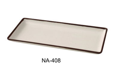 Yanco Rectangular Plate NA-408 Made from high-quality melamine, this plate is both solid and lightweight. Its rectangular shape and break-resistant nature make it ideal for frequent use in commercial dining settings. This plate is designed to be dishwasher safe, ensuring easy and efficient cleaning, which is essential for busy hospitality environments. The ivory color with a speckled finish and brown rim adds a touch of sophistication, enhancing the presentation of any appetizer or dessert. 