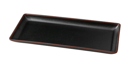 Yanco Rectangular Plate NA-413BK Made from high-quality melamine, this plate is both solid and lightweight. Its rectangular shape and break-resistant nature make it ideal for frequent use in commercial dining settings. This plate is designed to be dishwasher safe, ensuring easy and efficient cleaning, which is essential for busy hospitality environments. The black color with a speckled finish and brown rim adds a touch of sophistication, enhancing the presentation of any appetizer or dessert. 