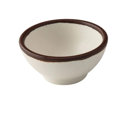 Yanco Sauce Dish NA-5003 Made from high-quality melamine, this server is both durable and lightweight. Its round shape and break-resistant nature make it suitable for frequent use in commercial dining environments. This server is designed to be dishwasher safe, ensuring convenient and efficient cleaning, essential for high-turnover settings. The ivory color with a speckled finish and brown rim adds a sophisticated touch to the presentation of sauces and condiments. 